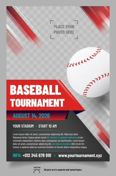 Plakatvorlage Für Baseballturniere Mit Ball Streifen Platz Für Ihr Foto — Stockvektor