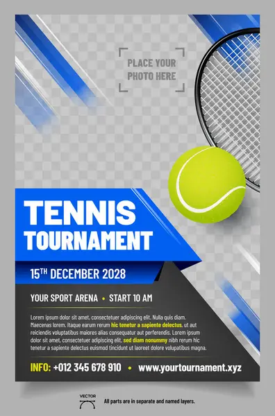 Tennis Poster Template Met Racket Bal Plaats Voor Foto Vector — Stockvector