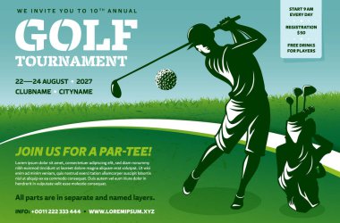 Golf turnuvası afiş şablonu çimen, gökyüzü, oyuncu silueti vuruş topu, golf sopaları ve metin için kopyalama alanı - vektör illüstrasyon