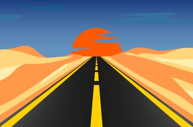 Ufukta gün batımına doğru giden çöller arasındaki yol. Mavi gökyüzünün altında soyut bir manzara. Vektör illüstrasyonu.