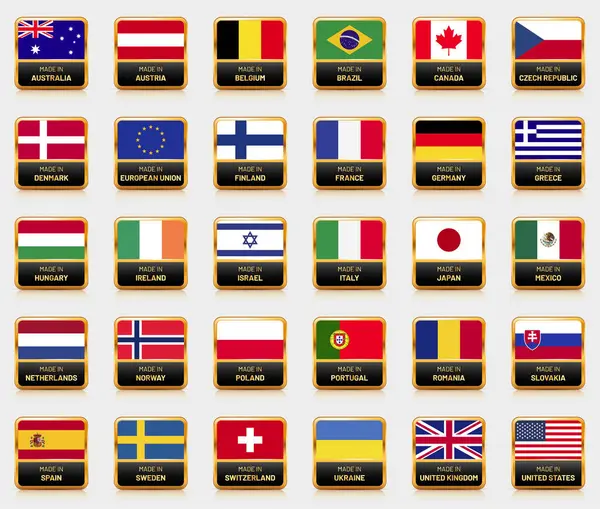 Farklı Ülkelerin Bayrakları Vektör Illüstrasyonuna Işlenmiş Yazıtlarla Dolu Adet Parlak — Stok Vektör