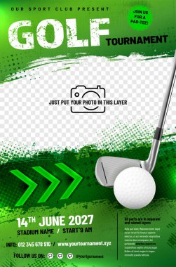 Golf turnuvası afiş şablonu top, sopa, ok ve fotoğraf için yer - vektör illüstrasyon