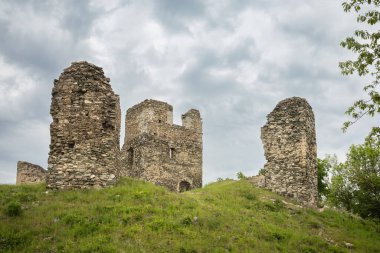 İlkbaharda ya da yaz mevsiminde bulutlu gökyüzü altında Brnicko adı verilen ortaçağ şatosunun kalıntıları - Çek Cumhuriyeti, Avrupa