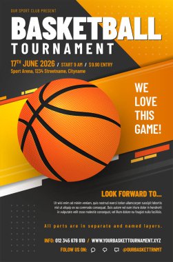 Basketbol turnuvası poster şablonu, farklı katmanlarda top-örnek metni. Vektör illüstrasyonu.