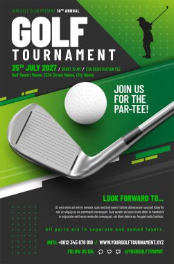 Golf turnuvası afiş şablonu, top ve metal sopa şablonu - örnek metin ayrı katmanlarda. Vektör illüstrasyonu.