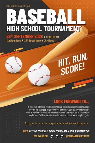 stock vector Baseball tournament poster template with balls and bat - sample text in separate layer. Vector illustration.
