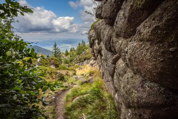 stock image Mountain forest with rocks and pathway under summer cloudy blue sky - Jizera Mountains, Czech Republic, Europe