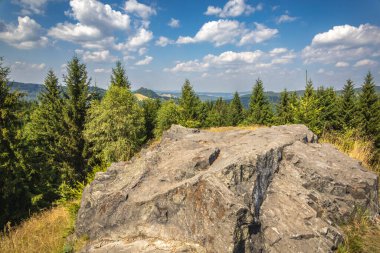 Large rock outcrop stands in foreground surrounded by lush evergreen trees under bright blue sky, with distant hills visible in background. Lusatian Mountains, Czech Republic, Europe. clipart