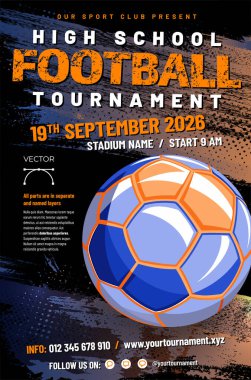 Futbol ya da futbol turnuvası şablonu top, grungy grunchy half-tone background ve örnek metin - vektör illüstrasyonu