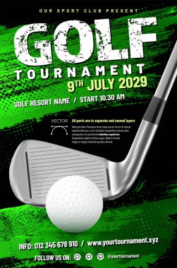 Metal kulüp, top ve kirli yarım ton arkaplanlı golf turnuvası poster şablonu - vektör illüstrasyonu