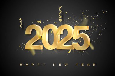 Konfeti ve diğer altın elementlerle birlikte 3D altın parlayan 2025 yazıtları. Vektör illüstrasyonu.