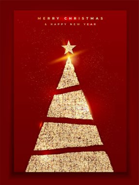 Kırmızı noel kartları ve altın parlak noel ağacı - vektör illüstrasyon