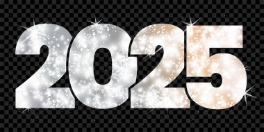 Glamorous and festive representation of year 2025, surrounded by shimmering silver and white sparkles signifying bright and prosperous new year. Vector illustration. clipart