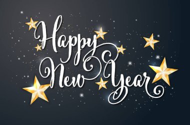 Parlak altın yıldızlı mutlu yıllar kartı - vektör illüstrasyonu