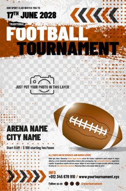 Amerikan futbol turnuvası afiş şablonu top, oklar, grungy ve yarım ton elementler ve fotoğraf için yer - vektör illüstrasyon