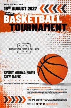 Basketbol turnuvası afiş şablonu top, oklar, grungy ve yarım ton elementler ve fotoğraf için yer - vektör illüstrasyon
