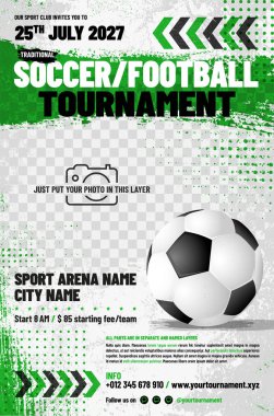 Futbol ya da futbol turnuvası afiş şablonu top, oklar, grungy ve yarım ton unsurlar ve fotoğraf için yer - vektör ilüstrasyon