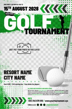 Golf turnuvası afiş şablonu top, metal sopa, oklar, grungy ve yarım ton elementler ve fotoğraf için yer - vektör illüstrasyon
