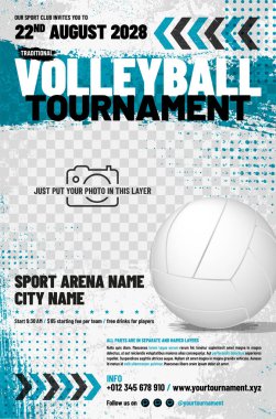 Volleyball tournament poster template with ball, arrows, grungy and halftone elements and place for your photo - vector illustration clipart