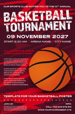 Basketbol turnuvası için top ve dinamik yarım ton arkaplanlı poster şablonu - vektör illüstrasyonu