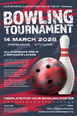 Top, iğne ve dinamik yarım ton arkaplan içeren bowling turnuvası poster şablonu - vektör illüstrasyonu
