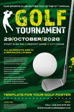 Top, metal kulüp ve dinamik yarım ton arkaplan içeren golf turnuvası poster şablonu - vektör ilüstrasyonu