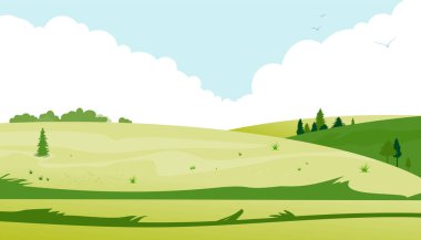 Parlak mavi gökyüzünün altında, doğal temalı projeler ve arka planlar için mükemmel, tüylü beyaz bulutlarla süslenmiş, yumuşak, yuvarlanan yeşil tepeler sergiliyor.