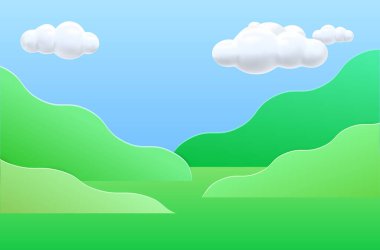 Yumuşak yeşil tepeler ve kabarık bulutlar içeren neşeli ve eğlenceli çizgi film tarzı manzara, çocuk temaları için idealdir. Vektör illüstrasyonu.