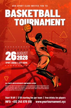 Basketbol turnuvası poster şablonu zıplayan oyuncu, grungy Design background ve metin için kopya alanı - vektör illüstrasyonu