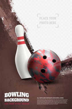 Top, skittle, pasaklı arka plan ile bowling turnuvası poster şablonu, fotoğrafınız için kopya alanı ve yer - vektör illüstrasyonu