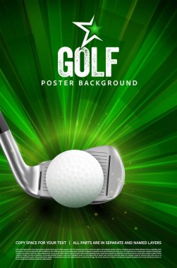 Patlayan efektler ve güçlü görsel etki için şık yıldız aksanıyla tasarlanmış detaylı top ve metal sopa içeren canlı bir golf afişi. Vektör illüstrasyonu.