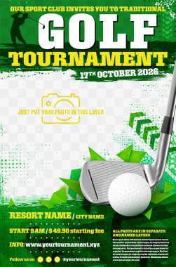 Golf turnuvası afiş şablonu top ve metal sopa, çirkin elementler ve fotoğraf için yer - vektör illüstrasyon