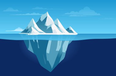 Huzurlu okyanusta süzülen sakin buzdağı, suyun üstünde ve altında doğanın donmuş oluşumlarının güzelliğini ve gizemini vurguluyor. Vektör illüstrasyonu.