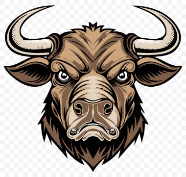 Grevdeki boğa başı illüstrasyonunda sert ifadeler ve karmaşık detaylar, spor takımları, logolar veya markalaşma girişimleri için idealler sergileniyor. Vektör illüstrasyonu.