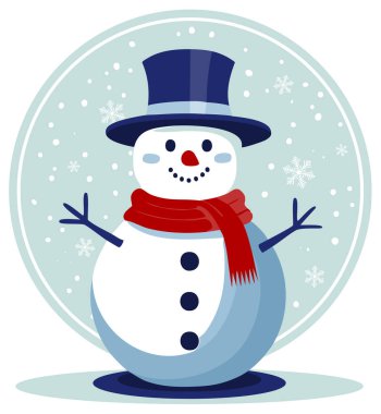 Silindir şapka ve kırmızı eşarpla süslenmiş nefis kardan adam, kış neşesinin ve tatil ruhunun özünü karlı zemine yansıtıyor. Vektör illüstrasyonu.