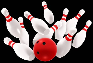 Değişik yönlere dağılan bir bowling oyununun heyecan verici doruğunu gözler önüne seren kırmızı bir bowling topunu on beyaz lobut setine çarpan dinamik bir sahne..