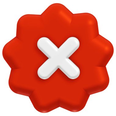 Canlı bir mühür içinde çarpıcı bir 3 boyutlu kırmızı haç işareti, reddedilmeyi, onaylanmamayı ve kararların cesur ve net bir şekilde değerlendirilmesini temsil ediyor. İzole edilmiş.