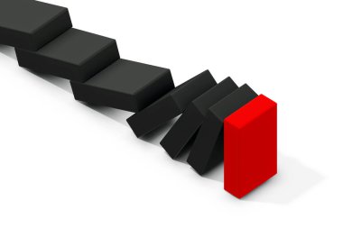 3D siyah domino taşları canlı kırmızı bloğa doğru eğiliyor, kontrollü ortamda değişim veya bozulma potansiyelini sembolize ediyor.