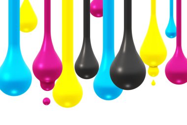 Parlak, 3 boyutlu CMYK boya damlaları - mavi, sarı, pembe ve siyah, sanatsal ifadenin özünü yansıtan çekici bir görüntü yaratıyor. İzole edilmiş.