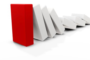 Beyaz blok şelaleleri arasında 3 boyutlu kırmızı domino taşı, kontrastı vurguluyor ve domino serisinde hemen dikkatleri çeken dramatik anı simgeliyor..