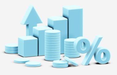 Parasal elementlerin yanında 3D biçimlendirilmiş finans grafiği, belirgin yüzde işaretiyle vurgulanmış, hepsi pürüzsüz mavi tonlarda yakalanmış..