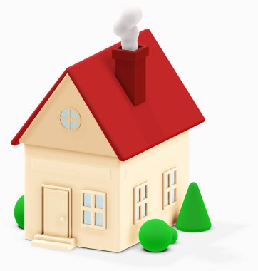 Kırmızı çatılı ve yeşil ağaçlarla çevrili bacadan yükselen beyaz dumanlı 3D kaprisli ev çizimi, rahat ve rüya gibi bir ortam..