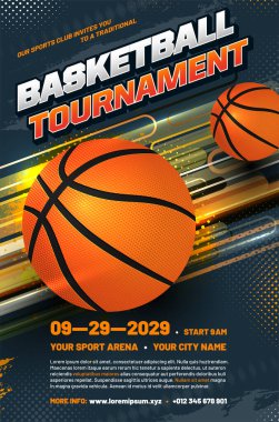 Toplu basketbol turnuvası poster şablonu - farklı katmanlarda örnek metin. Vektör illüstrasyonu.