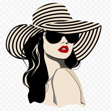 Şık çizgili şapka ve güneş gözlükleriyle süslenmiş şık bir kadın özgüven ve zarafet, modaya uygun bir yaşam tarzı ve modern estetiğin cazibesi yayıyor. Vektör illüstrasyonu.