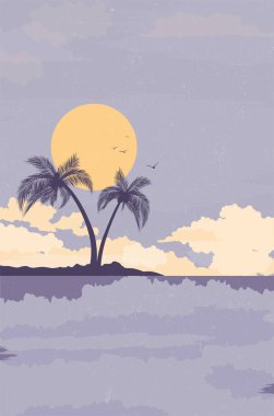 Sakin manzarada, yumuşak mor gökyüzüne karşı siluet oluşturan palmiye ağaçları seyahat ve rahatlama temaları için mükemmel barışçıl ve davetkar bir atmosfer yaratıyor. Vektör illüstrasyonu.