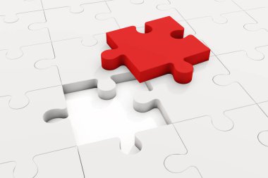 Tek 3D kırmızı yapboz parçası, daha büyük beyaz yapboz arka planında tamamlanma, problem çözme ve bireysellik fikrini vurguluyor, entegrasyonu ve yaşamı sembolize ediyor.