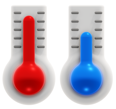 İki tane üç boyutlu termometre ikonu, biri kırmızı ve biri mavi, soğuk ve sıcak sıcaklıkları gösterir, sıcaklık ölçümlerini görsel olarak temsil eder..