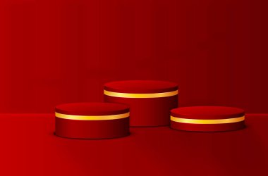 Üç zarif kırmızı ekran standı koyu kırmızı arkaplana karşı düzenlenir, güzel bir şekilde zıtlaşır ve canlı renkleri ve yuvarlak şekilleri vurgulanır. Vektör illüstrasyonu.