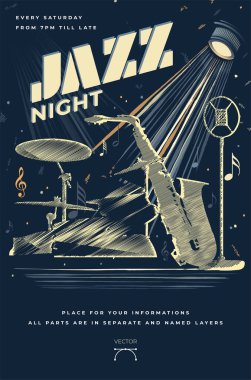 Saksafon ve davul gibi müzik enstrümanlarının sergilendiği sanatsal caz gecesi posteri, canlı caz müziği ve gece hayatı eğlencesinin canlı atmosferini kapsıyor. Vektör illüstrasyonu.
