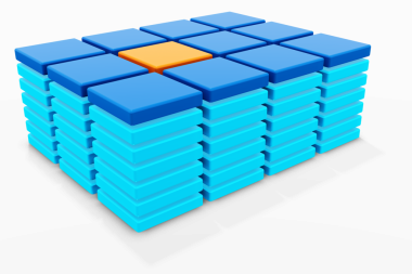 Çarpıcı turuncu süsleme, odak, yaratıcılık ve modern tasarımı sembolize eden mavi ve su karelerinin yapılandırılmış düzenlemesi.
